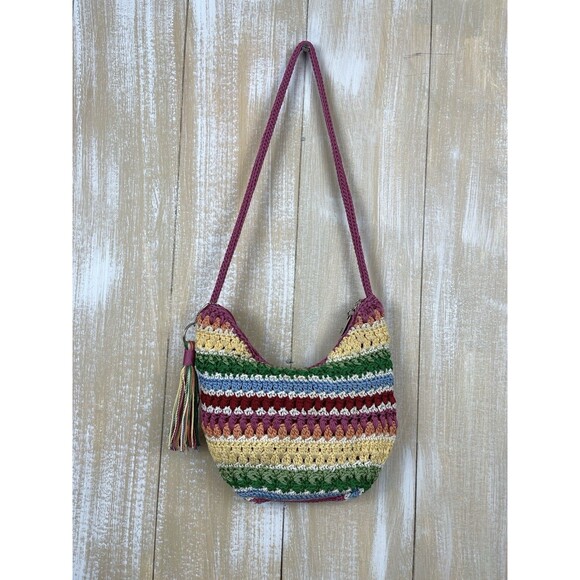 THE SAK Rainbow Crochet Crossbody Bag Boho Festival 9" x 9" Pink Tassel Keychain - Picture 4 of 14